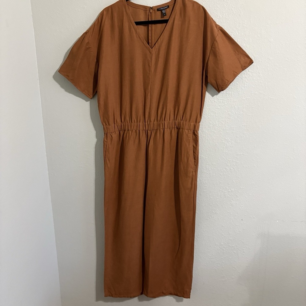 Eileen Fisher Organic Linen Lyocell Cropped Wide Leg Jumpsuit L Rust Brown Boho - Picture 2 of 16